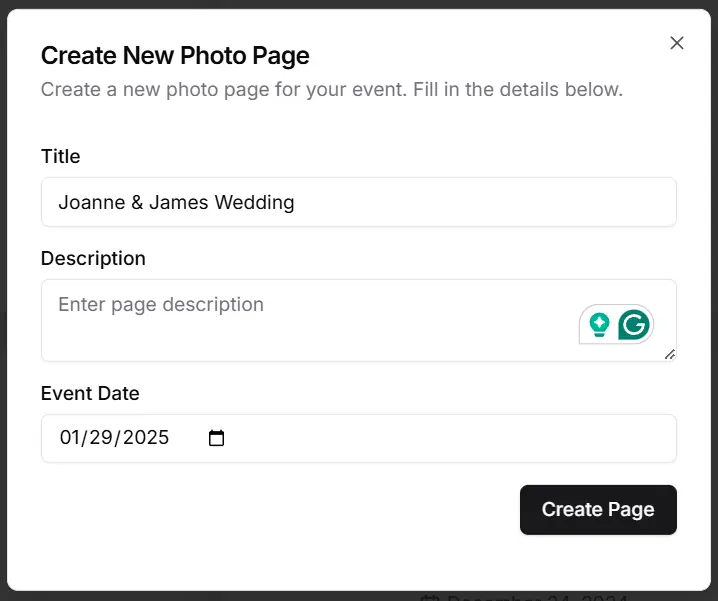 Screenshot of the page creation form showing example input fields filled in