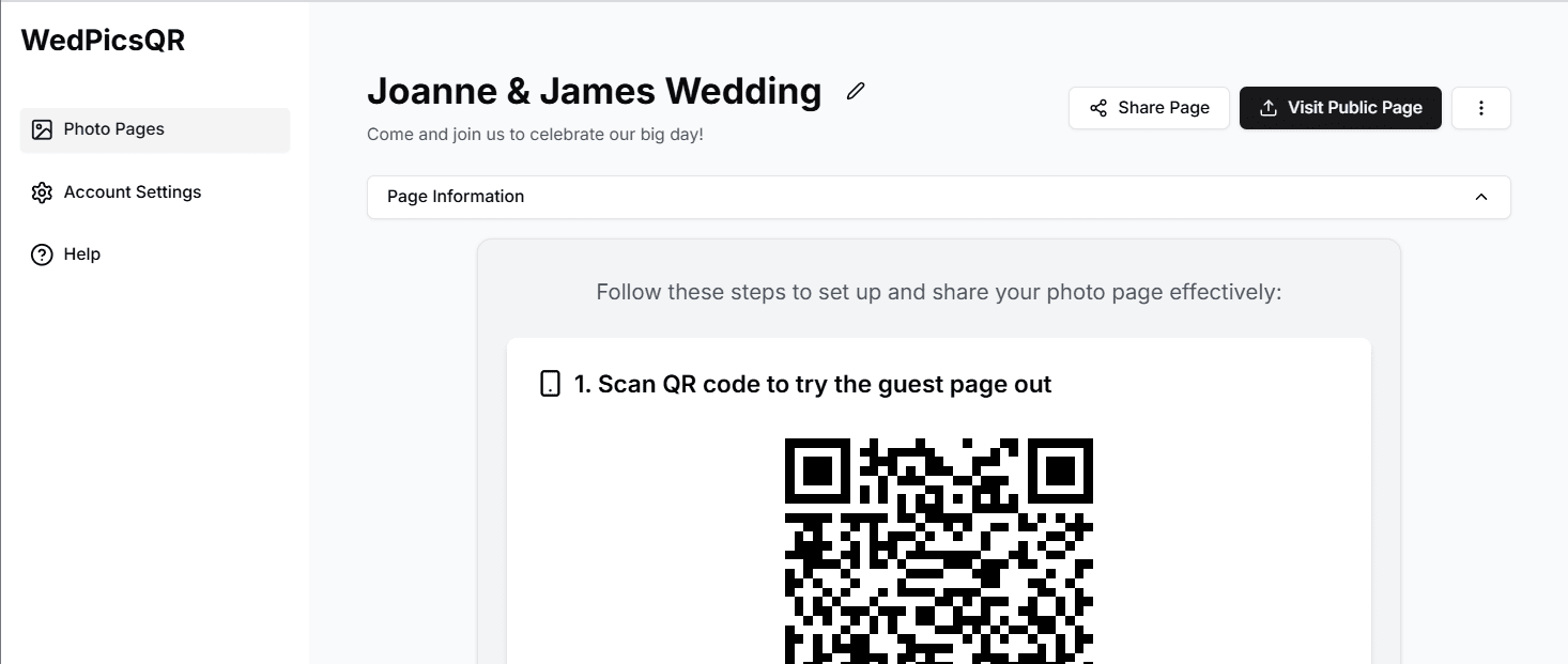 Screenshot of Page Information section showing QR code display and download options in the management dashboard