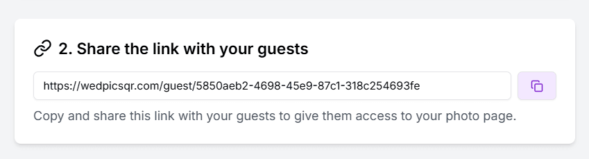 Screenshot highlighting the sharing URL section in the dashboard where users can copy their unique photo page link