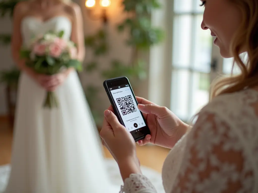 Woman scanning QR code with smartphone for photo sharing