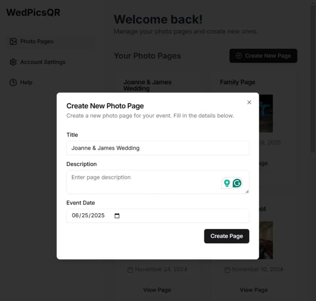 WedPicsQR Step 1: Create Your Photo Page - Wedding photo sharing interface