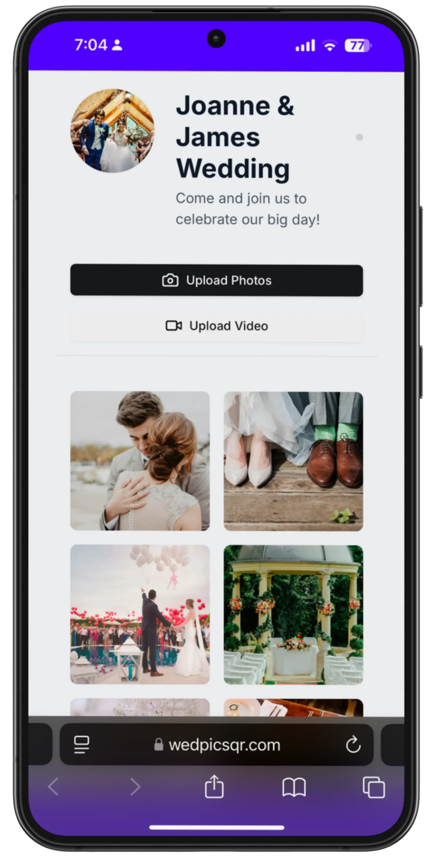 WedPicsQR guest upload page on a phone